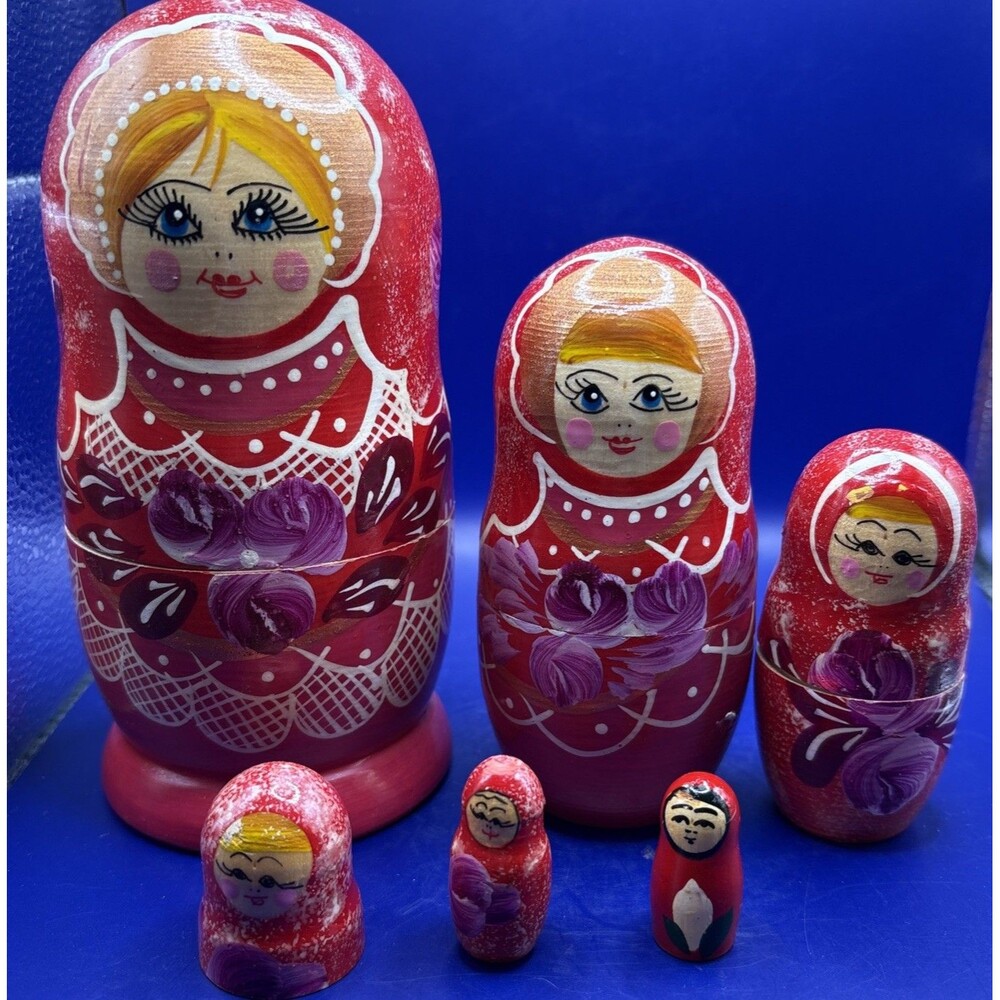 Hand Painted Wooden Russian Matryoshka Nesting Dolls Pink Floral 6pc Set Read